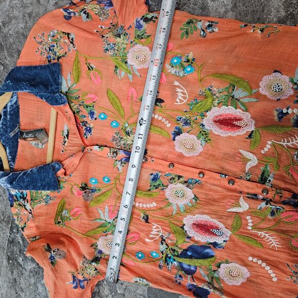 Arrata Silent Journey Boho Embroidered Floral Orange Top With Velvet Collar - Picture 5 of 8